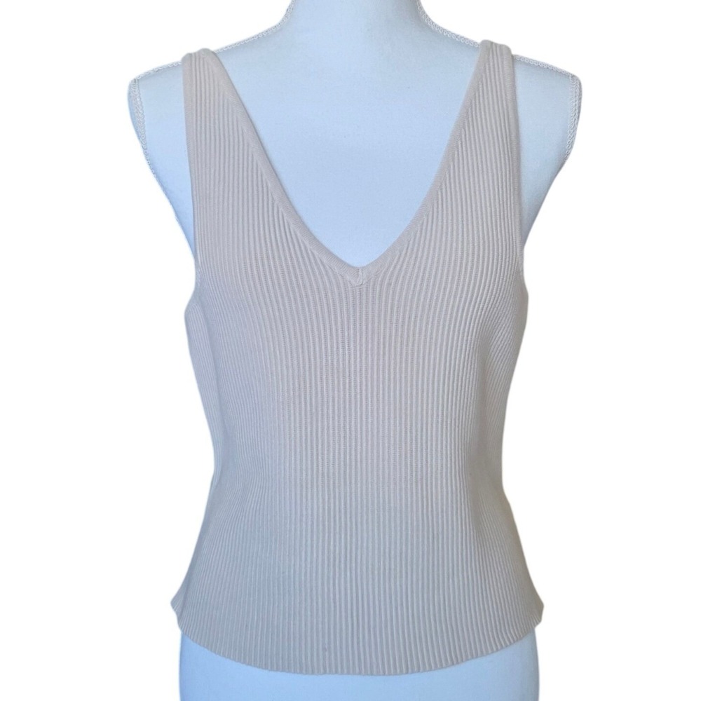 House of Harlow 1960 Beige Ribbed V-Neck Tank Top XL Sleeveless Old Money